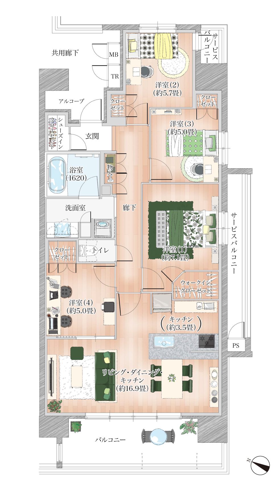 Fタイプの家具レイアウト例